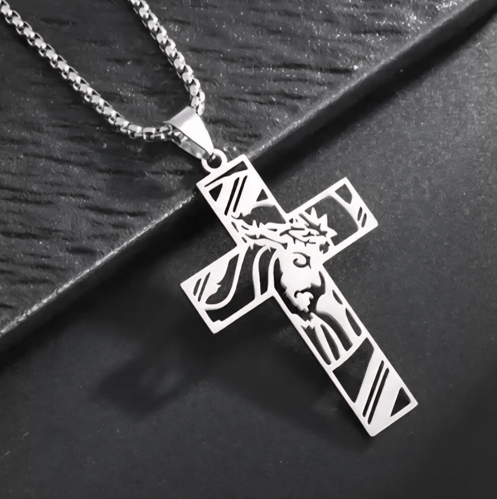 Stainless Steel Cross Pendant with Outline Of Jesus Unisex NWOT